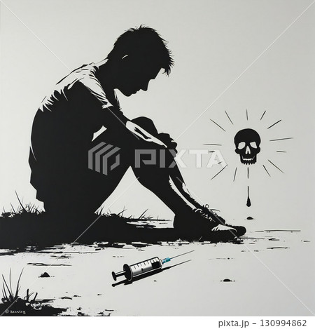 依存と苦悩：男性と注射器のシルエット 130994862