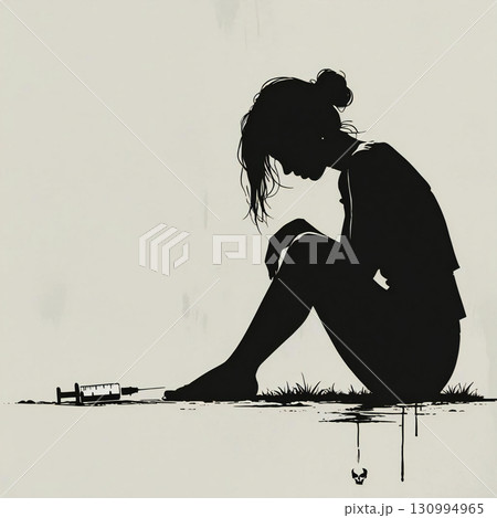 ドラッグ依存と苦悩:女性と注射器のシルエット ドラッグ依存と苦悩:女性と注射器のシルエット 130994965