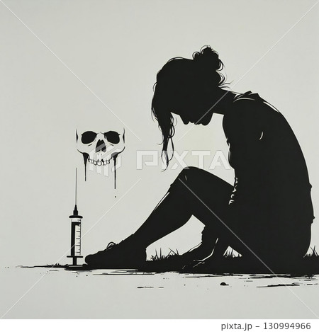 ドラッグ依存と苦悩：女性と注射器のシルエット 130994966