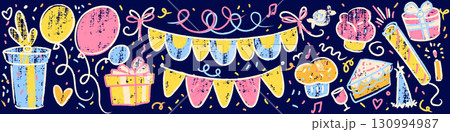 Textured birthday party crayon illustrations Textured birthday party crayon illustrations 130994987
