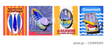 Set of colorful retro posters with sardine cans 130995005