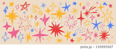 Color crayon stars drawn on beige background 130995007