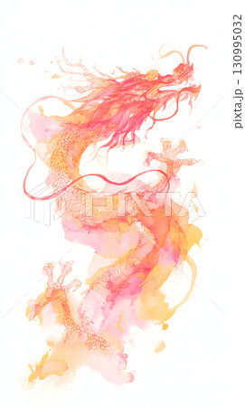 赤とオレンジの水彩風龍イラスト。幻想的で芸術的な縁起物デザイン 130995032