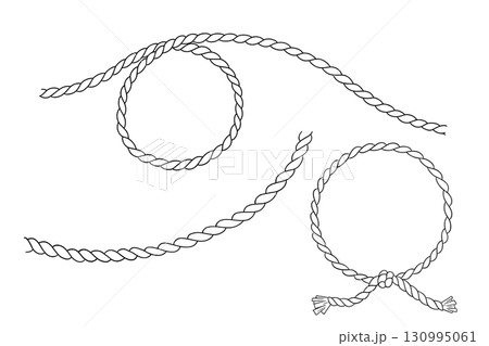 Rope round frame and lasso. Line art. Vector drawing of circle. String wreath with loops. Outline nautical graphic 130995061