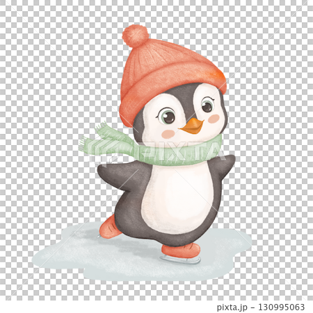 Penguin in red hat and scarf skates on ice. Cute animal skater isolated on white background. Childish watercolor illustration. 130995063