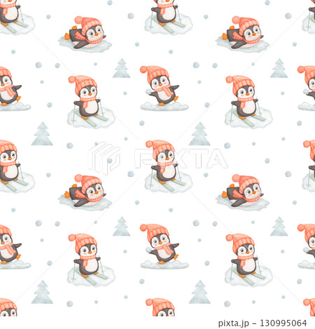 Seamless watercolor pattern with cute penguin in red hat and scarf in winter. Endless background for kids. Penguin skiing. Seamless watercolor pattern with cute penguin in red hat and scarf in winter. Endless background for kids. Penguin skiing. 130995064