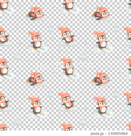 Seamless watercolor pattern with cute penguin in red hat and scarf in winter. Endless background for kids. Penguin skiing. 130995064