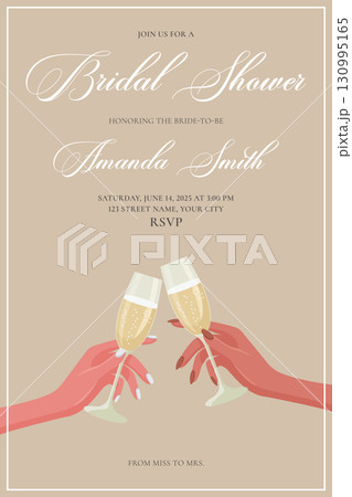 Bridal Shower Invitation Card with Champagne Glasses Vector Illustration. 130995165