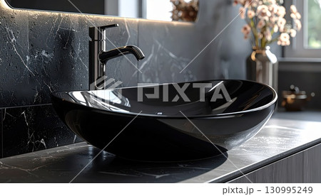《AI画像》黒を基調とした高級感のある洗面台 130995249