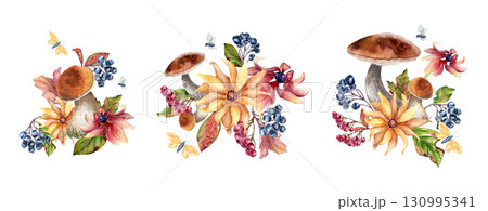 Autumn colorful forest watercolor illustrations set hand painted. Mushrooms, foliage, rowan, viburnum colorful drawing isolated white. Vibrant fall colors for seasonal branding and packaging. Autumn colorful forest watercolor illustrations set hand painted. Mushrooms, foliage, rowan, viburnum colorful drawing isolated white. Vibrant fall colors for seasonal branding and packaging. 130995341
