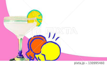 Colorful collage template. Margarita cocktail with pineapple slice and castanets in pop art design 130995460