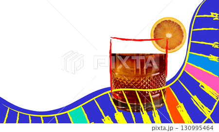 Minimalist pop art collage. Old fashioned cocktail with orange slice on colorful piano background 130995464