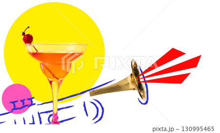 Bright digital artwork. Daiquiri cocktail with cherry garnish and trumpet abstract design 130995465