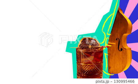 Contemporary collage. Negroni cocktail with cello silhouette and colorful abstract background Contemporary collage. Negroni cocktail with cello silhouette and colorful abstract background 130995466