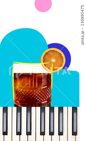 Bold poster. Old fashioned cocktail with piano keys and bright geometric background 130995475