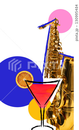 Saxophone and cosmopolitan cocktail in colorful surreal pop art collage Saxophone and cosmopolitan cocktail in colorful surreal pop art collage 130995484