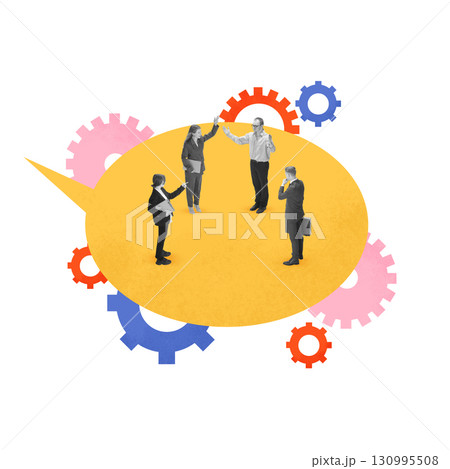 Graphic composition. Business team discussing inside abstract speech bubble with colorful gears Graphic composition. Business team discussing inside abstract speech bubble with colorful gears 130995508