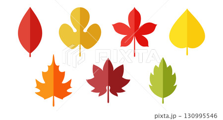 秋の落ち葉・紅葉・もみじ・イチョウのベクターアイコンセット（フラットデザイン・イラスト素材） 130995546