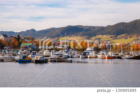 Orkanger port, Norway. Coastal landscape with boats and yachts Orkanger port, Norway. Coastal landscape with boats and yachts 130995895