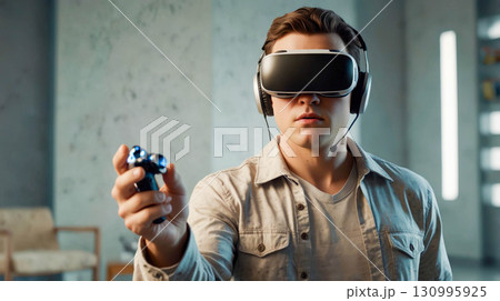 Gamer with Gamepad and VR Headset 130995925