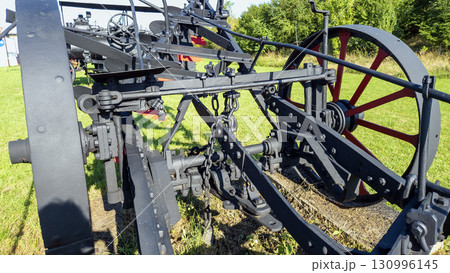 Nitra, Slovakia - September 4, 2025: A vintage mechanical plow on display at the Nitra Agricultural University. Close-up. 130996145