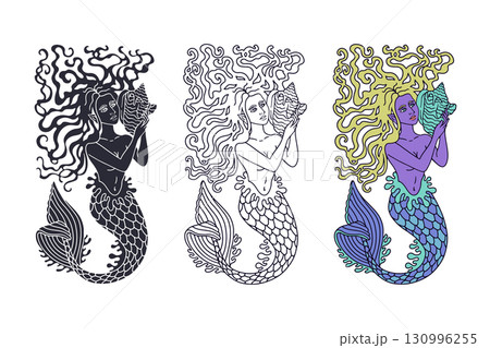 Monochrome and colorful hand drawn beautiful mermaid vector illustration set 130996255