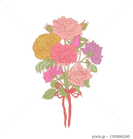 Hand drawn line art retro palette rose flowers bouquet isolated on white background 130996260