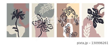 Set of poster or card with ink brush abstract sketch flowers and leaves organic shapes background. Minimalist floral composition bundle 130996261