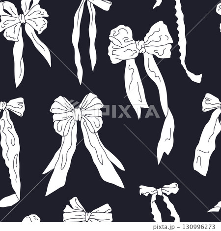 Monochrome seamless pattern with hand drawn fancy bow knots white silhouettes on black background Monochrome seamless pattern with hand drawn fancy bow knots white silhouettes on black background 130996273