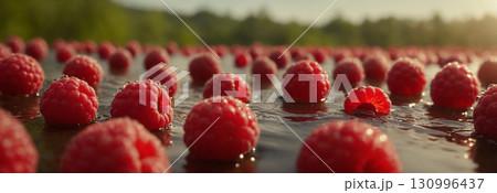 Fresh raspberry with water drops in backlight of sun. 130996437