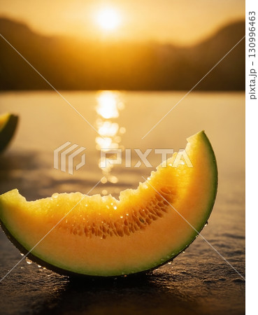 Cut melon, fruit, macro, portrait. Fresh melon with water drops. 130996463