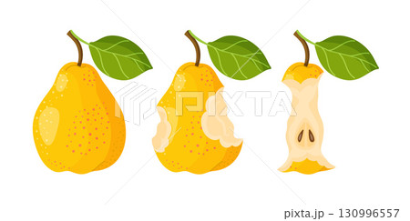 Three yellow pears. whole, partially eaten, and core. Trendy flat style. 130996557