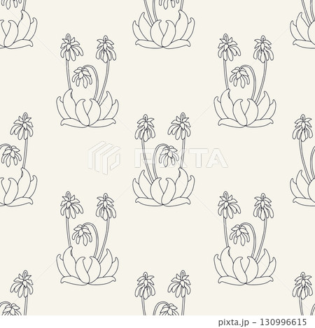 Seamless pattern with black and white canary islands flowers parrot beaks in vintage millefleur style Seamless pattern with black and white canary islands flowers parrot beaks in vintage millefleur style 130996615