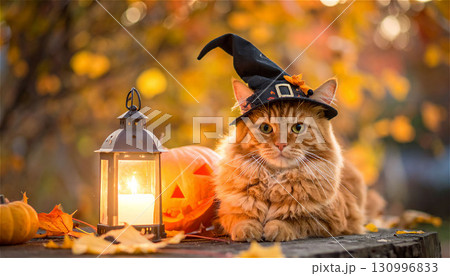 猫とかぼちゃランタンのハロウィンペットポートレート4 130996833