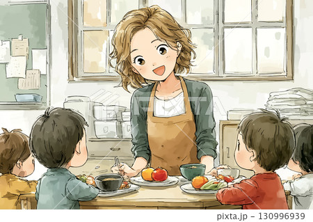 美優シリーズ：美優が学校給食の時間に子どもたちへ残さず食べる大切さを笑顔で伝えているシーン 130996939