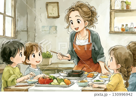 美優シリーズ：美優が学校給食の時間に子どもたちへ残さず食べる大切さを笑顔で伝えているシーン 130996942