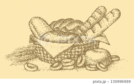 Vector still life. Basket of fresh pastries: baguettes, rolls, bread Vector still life. Basket of fresh pastries: baguettes, rolls, bread 130996989