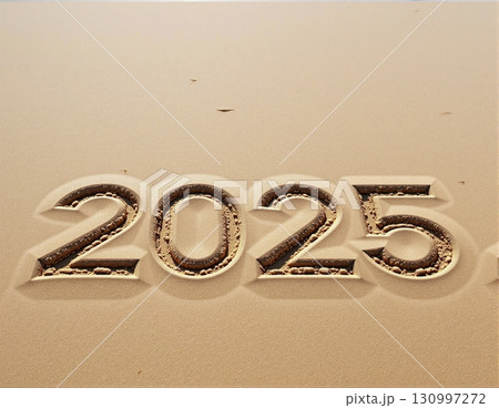 Christmas inscription 2025 on a summer beach. 130997272