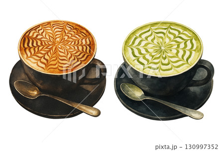 ラテアート 蜘蛛の巣模様 ハロウィン カフェラテ 抹茶ラテ ラテアート 蜘蛛の巣模様 ハロウィン カフェラテ 抹茶ラテ 130997352