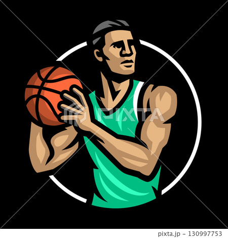 Logo of a basketball player with a ball in his hands on dark background. Logo of a basketball player with a ball in his hands on dark background. 130997753