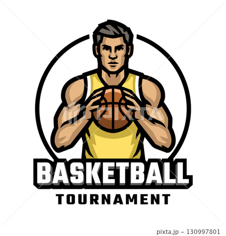 Logo of a basketball player with a ball in his hands. 130997801