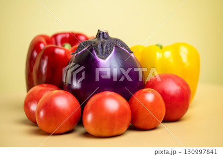 vegetables tomato, eggplant and pepper close-up 130997841
