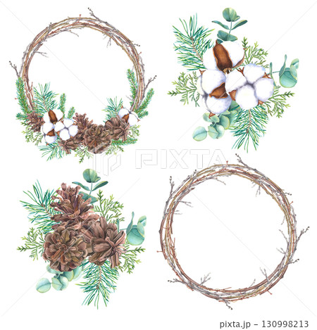 Watercolor wreaths and arrangements with fir branches, pine cones, cotton, thuja, eucalyptus and dry bare branches. Hand drawn set of chaplet on isolated background. Botanical frames for design. Watercolor wreaths and arrangements with fir branches, pine cones, cotton, thuja, eucalyptus and dry bare branches. Hand drawn set of chaplet on isolated background. Botanical frames for design. 130998213