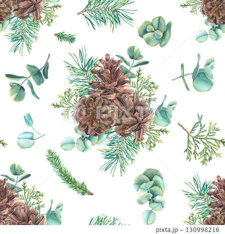 Seamless pattern for Christmas. Hand drawn pine cones, thuja, spruce branches and eucalyptus. Watercolor illustration on white background. For printing on textiles, scrapbooking, packaging, decor. Seamless pattern for Christmas. Hand drawn pine cones, thuja, spruce branches and eucalyptus. Watercolor illustration on white background. For printing on textiles, scrapbooking, packaging, decor. 130998216