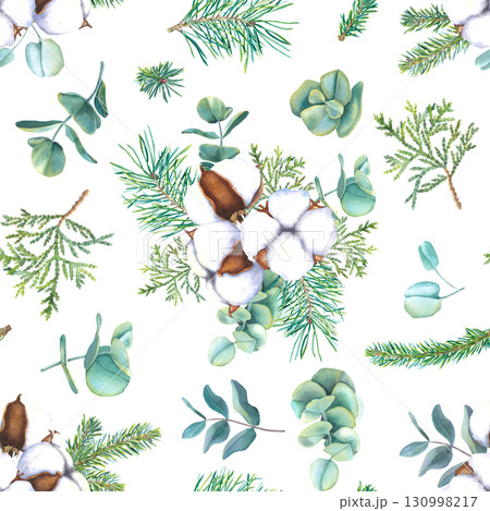 Watercolor seamless pattern with cotton flowers bolls, spruce twigs, eucalyptus branches and thuja. Hand drawn illustration on white background. For fabric, wrapping paper, textile, decoupage card. Watercolor seamless pattern with cotton flowers bolls, spruce twigs, eucalyptus branches and thuja. Hand drawn illustration on white background. For fabric, wrapping paper, textile, decoupage card. 130998217