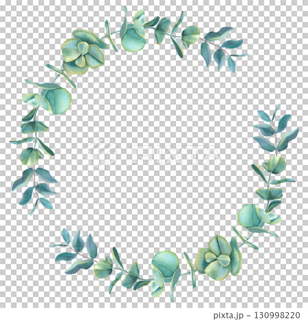Wreath with green eucalyptus leaves. Hand drawn watercolor botanical illustration of circle floral frame on isolated background. Template for greeting cards, wedding or New Year invitations, logo. 130998220