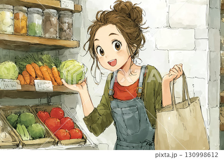 美優シリーズ：フードロス改善 スーパーで規格外野菜を笑顔で選ぶ美優 130998612