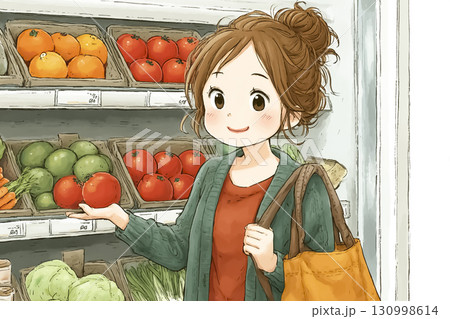 美優シリーズ：フードロス改善 スーパーで規格外野菜を笑顔で選ぶ美優 130998614