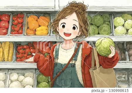 美優シリーズ：フードロス改善 スーパーで規格外野菜を笑顔で選ぶ美優 130998615