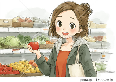 美優シリーズ：フードロス改善 スーパーで規格外野菜を笑顔で選ぶ美優 130998616
